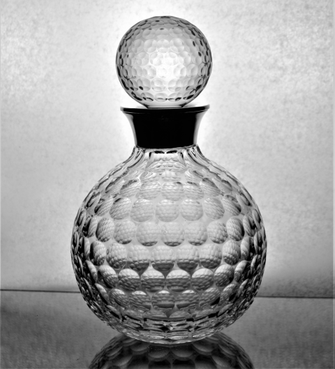 20th century golf ball decanter with silver neck [by Bishton Ltd, Birmingham 1995]