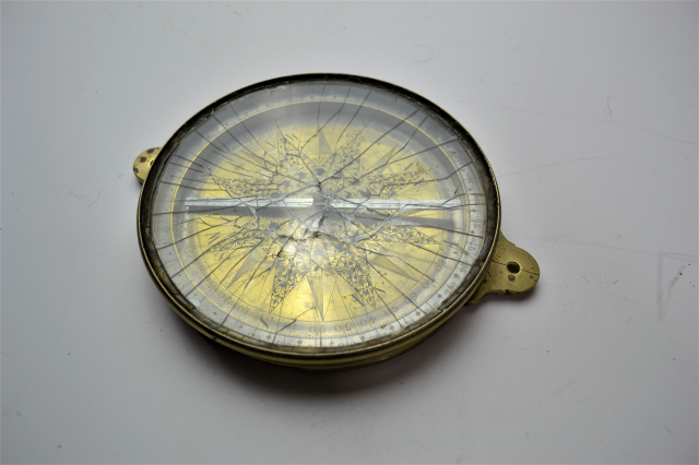 Late 18th Century Brass Surveying Compass with Rock Crystal Front.