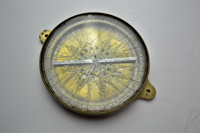 Late 18th Century Brass Surveying Compass with Rock Crystal Front.
