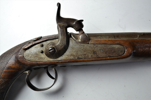 Percussion Lock Pistol with Carved Stock and Hinged Cap Holder. 