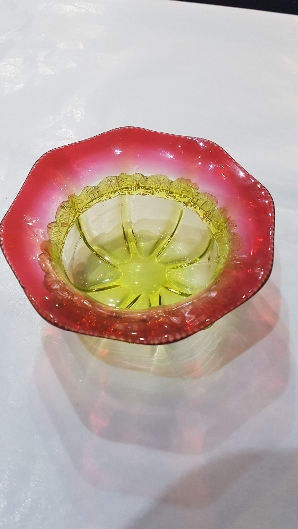 19th c. Uranium and Cranberry  Moulded Glass Bowl.