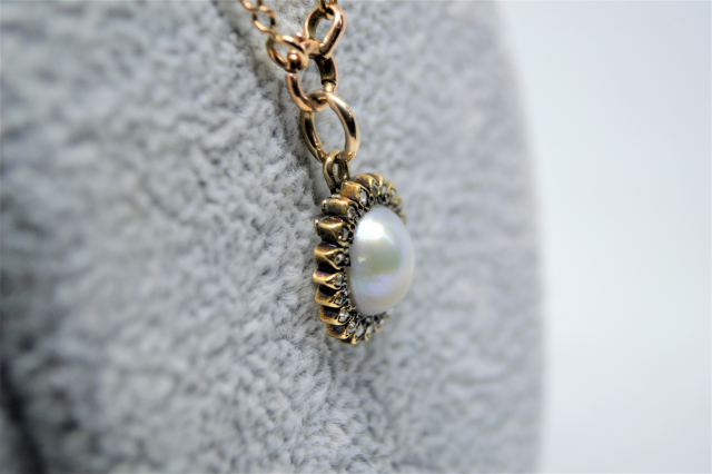 A 19th C. Pearl Mounted with Rose Cut Diamond Pendant and 9ct Gold Chain.