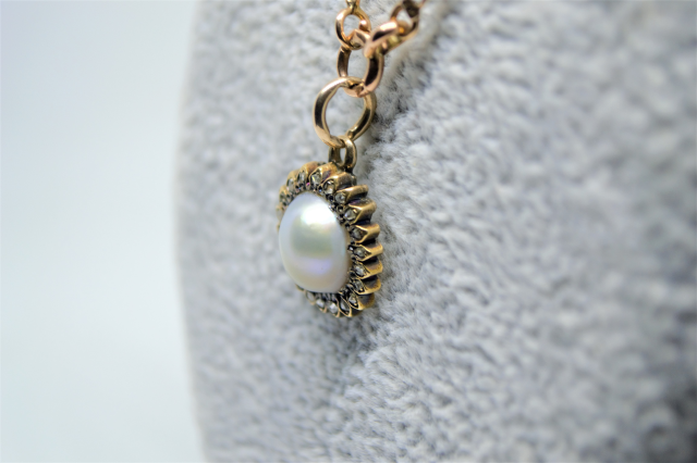 A 19th C. Pearl Mounted with Rose Cut Diamond Pendant and 9ct Gold Chain.