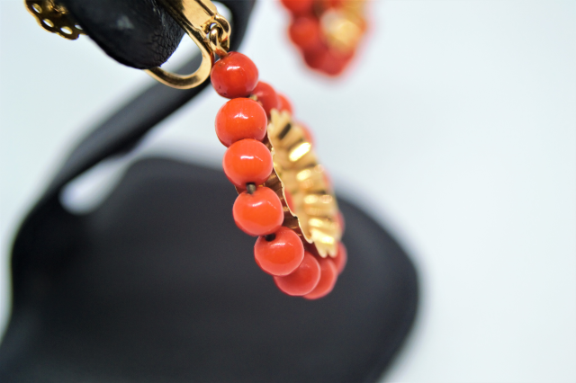  18ct Yellow Gold Coral Earrings.