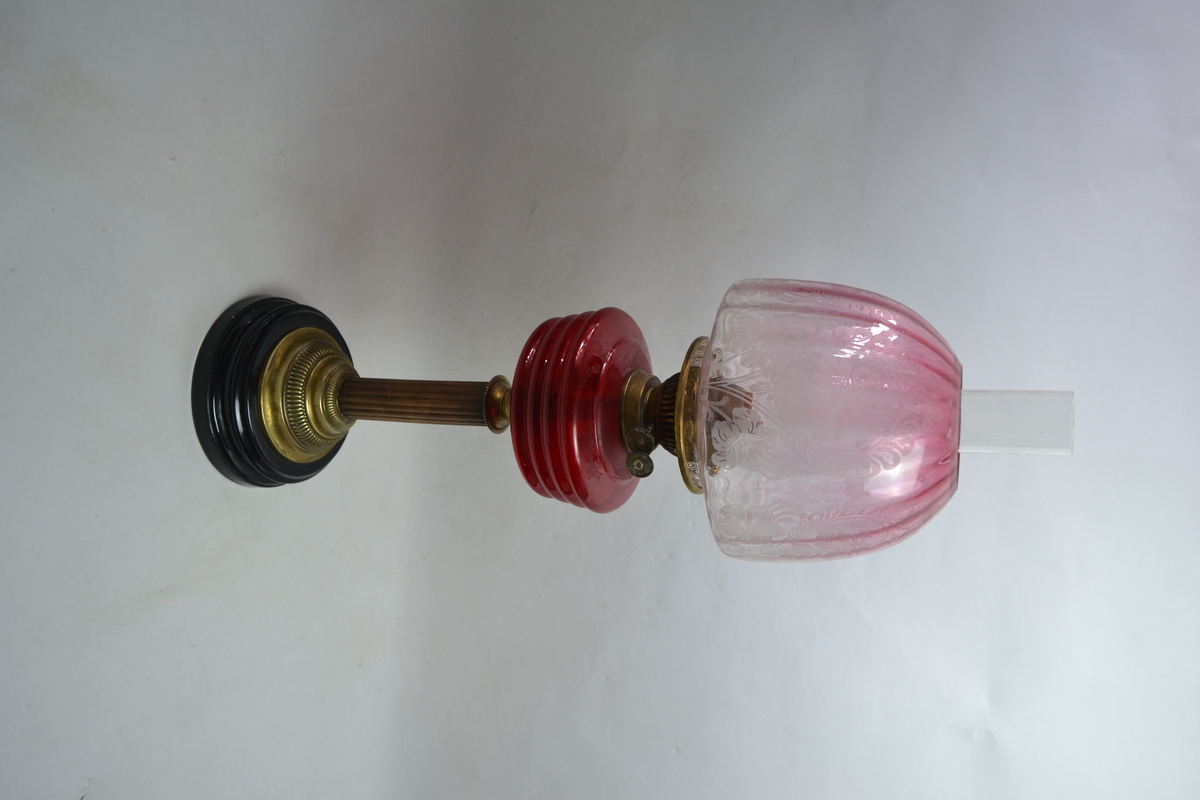Antiques Victorian Cranberry Glass Oil Lamp With Glass Reservoir, Etched Shade And Chimney