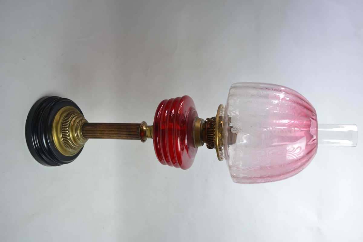 Antiques Victorian Cranberry Glass Oil Lamp With Glass Reservoir, Etched Shade And Chimney