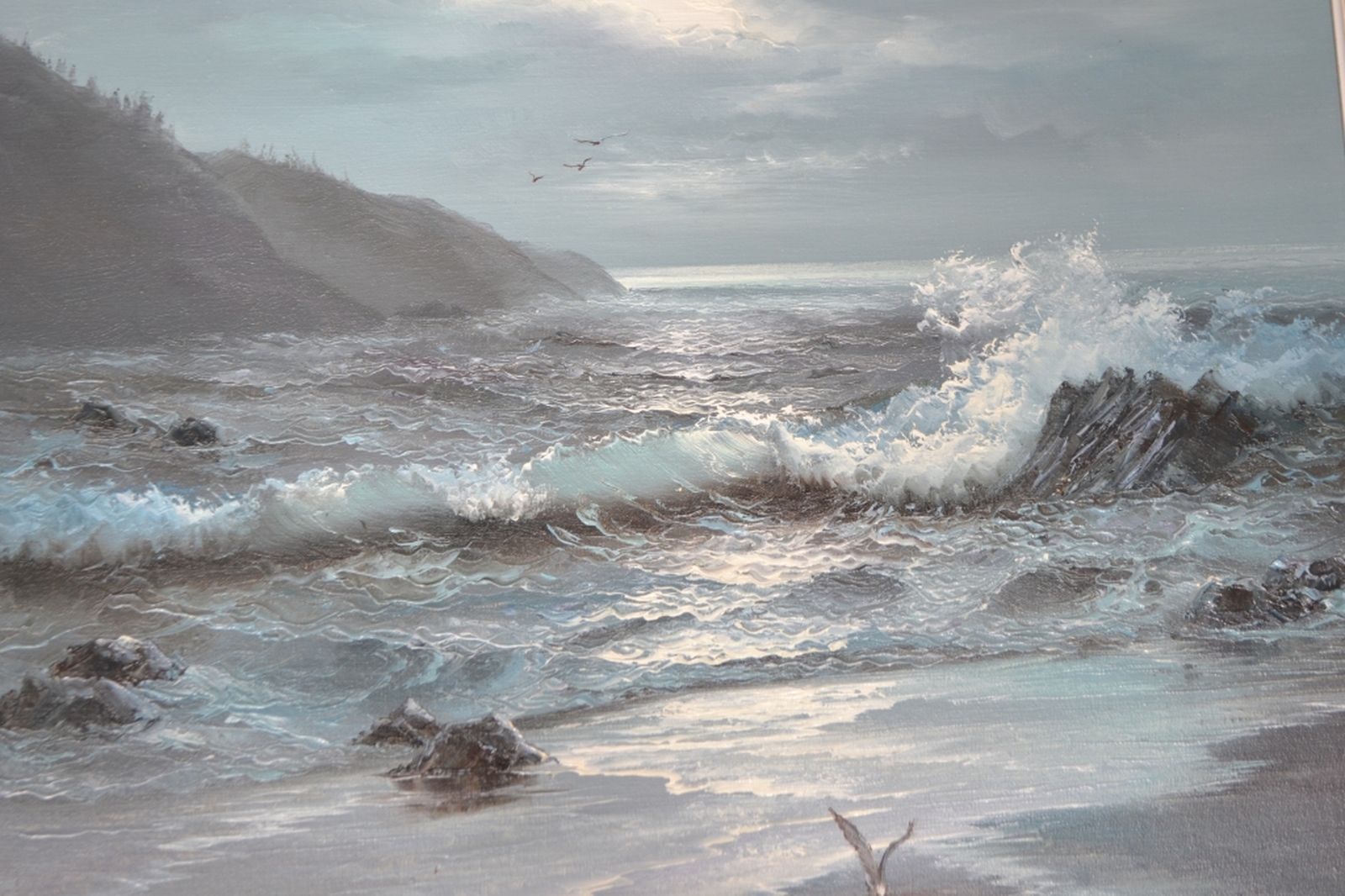 Oil Painting of crashing waves with gulls by James Want.