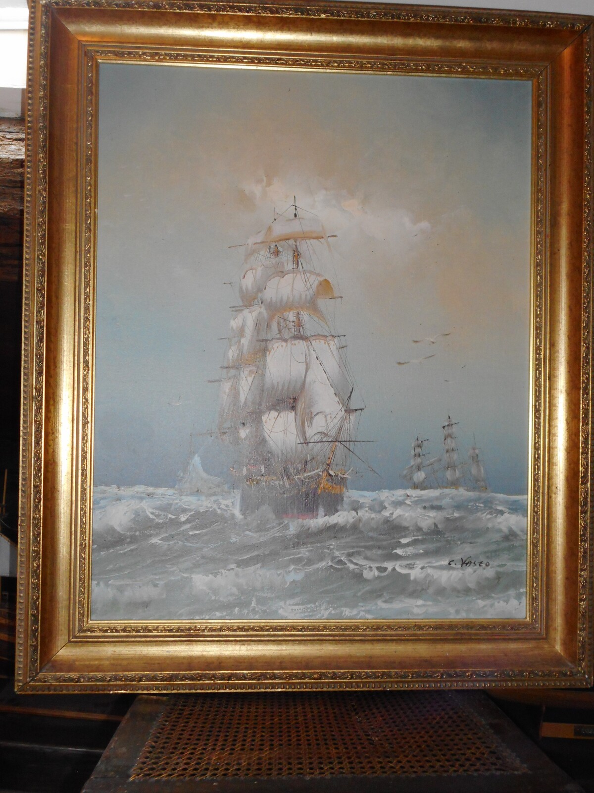Oil Painting Of A Sailing Ship By  C Vasco