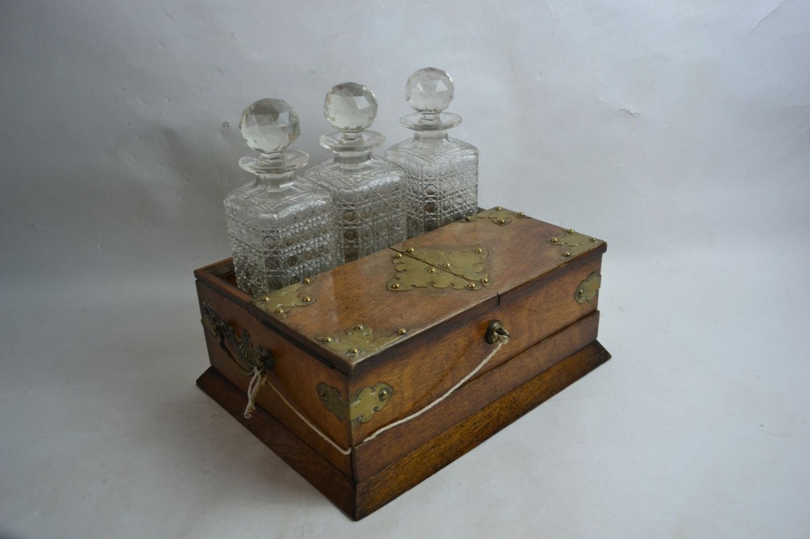 Victorian Tantalus/Games Box in Oak with Decanters