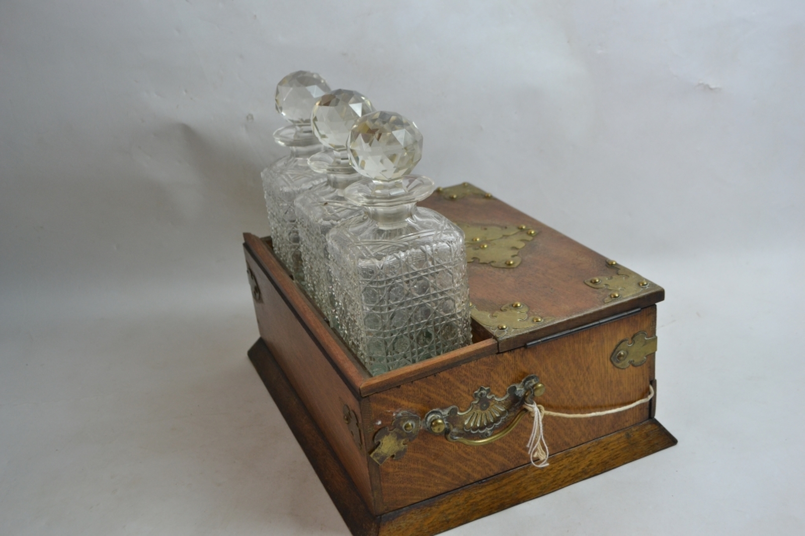 Victorian Tantalus/Games Box in Oak with Decanters