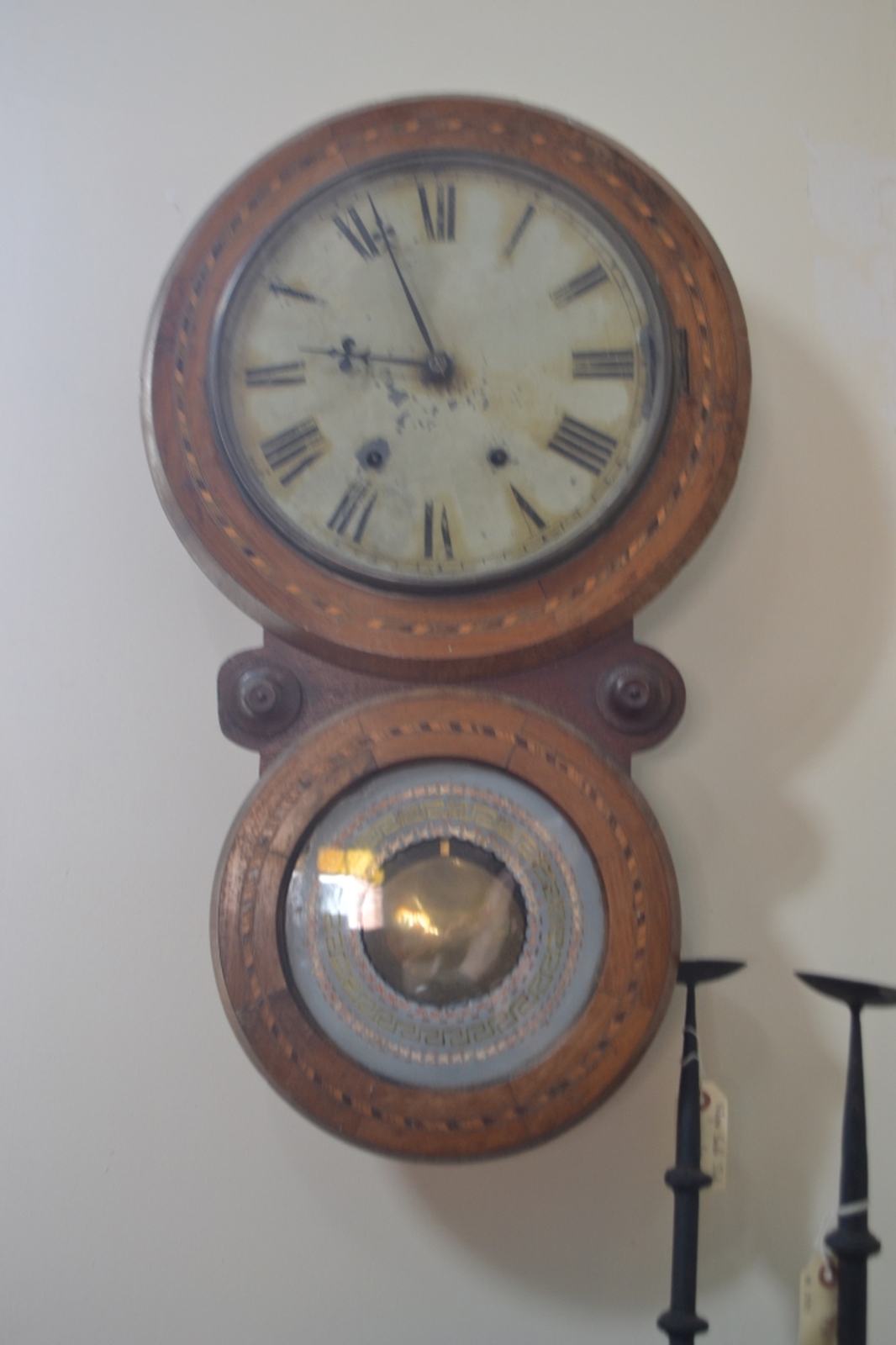 Unusual American Inlaid Walnut Wall Clock