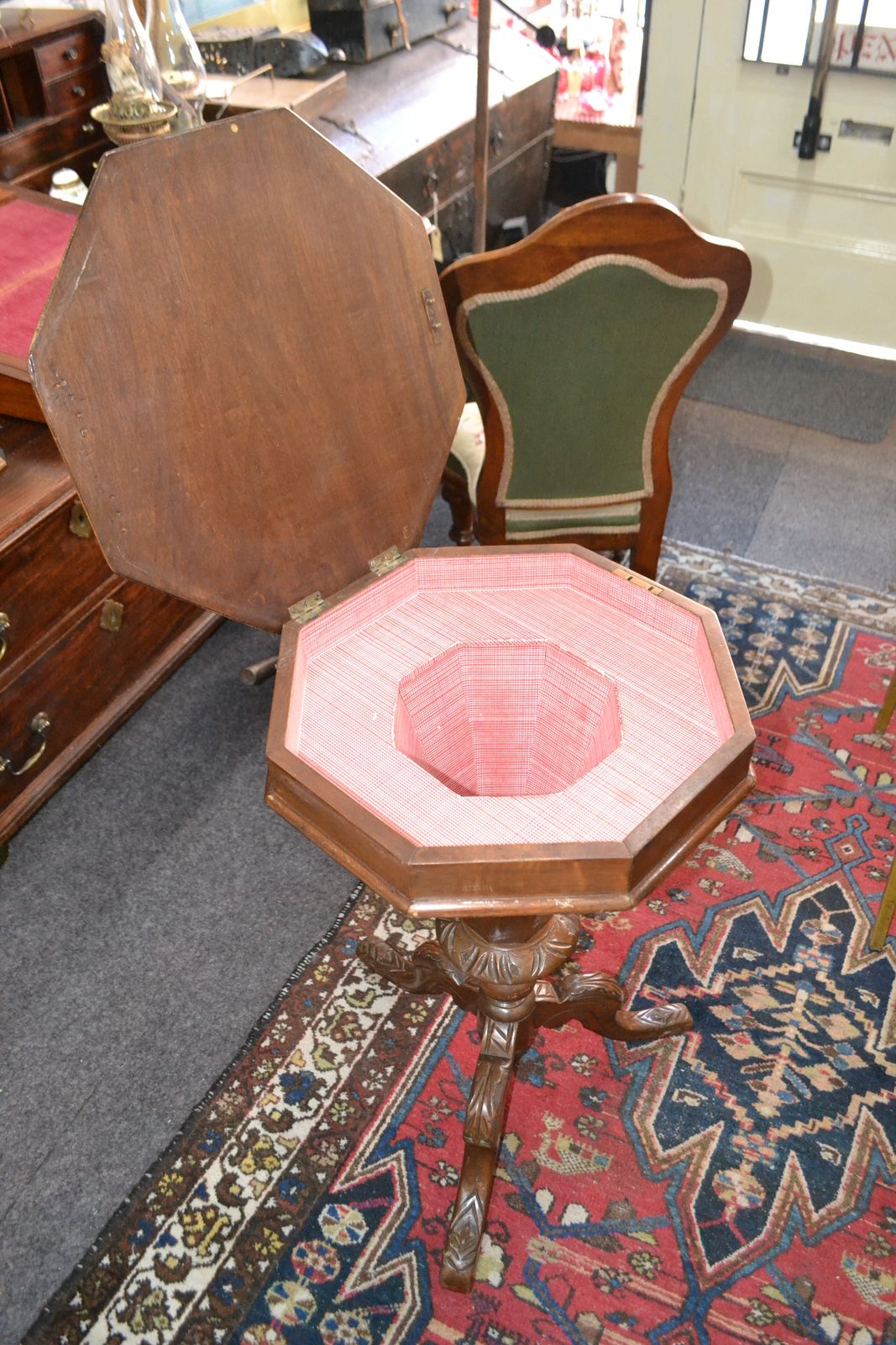 19th c. Marquetry Inlaid Octagonal Game/Sewing Table
