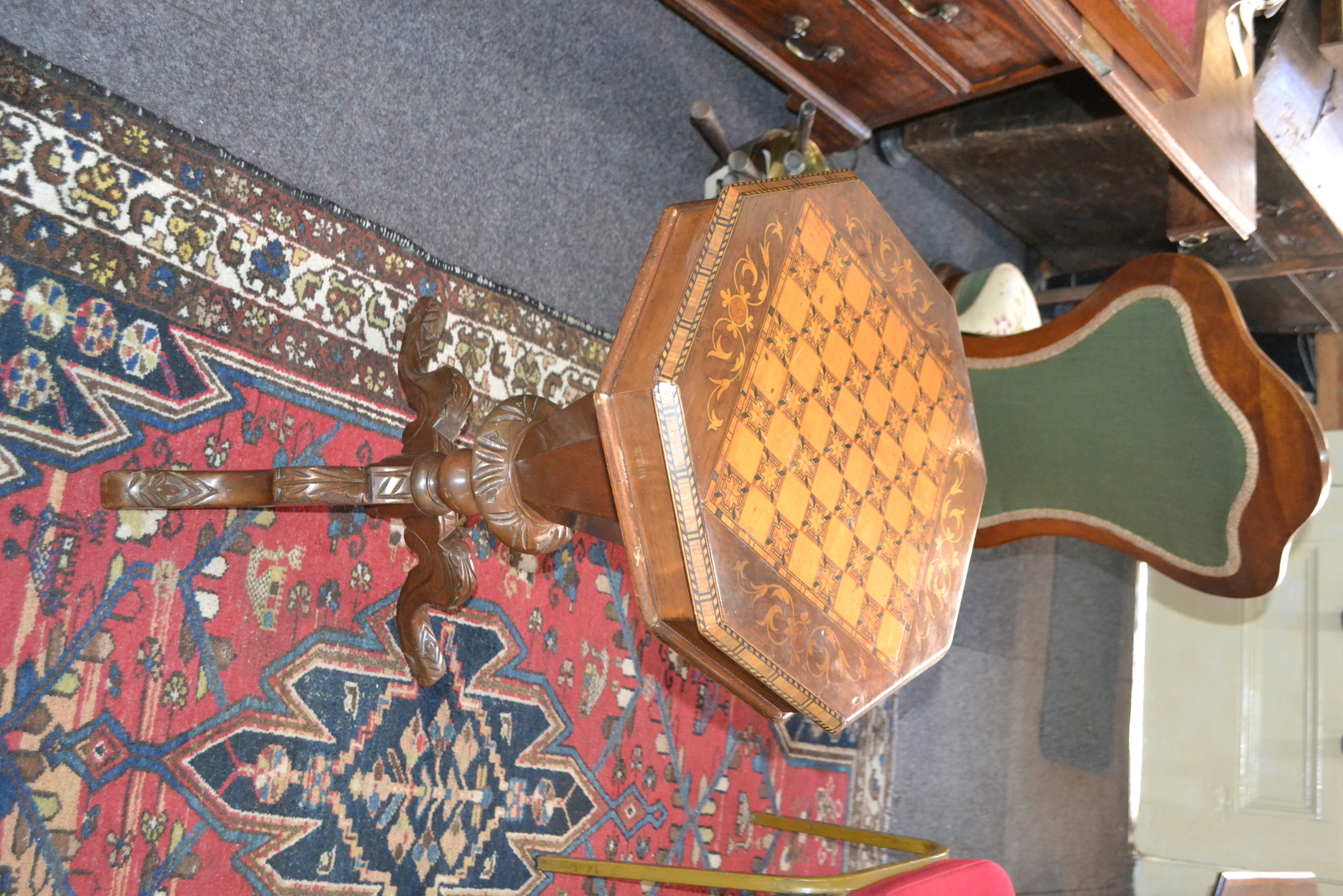 19th c. Marquetry Inlaid Octagonal Game/Sewing Table