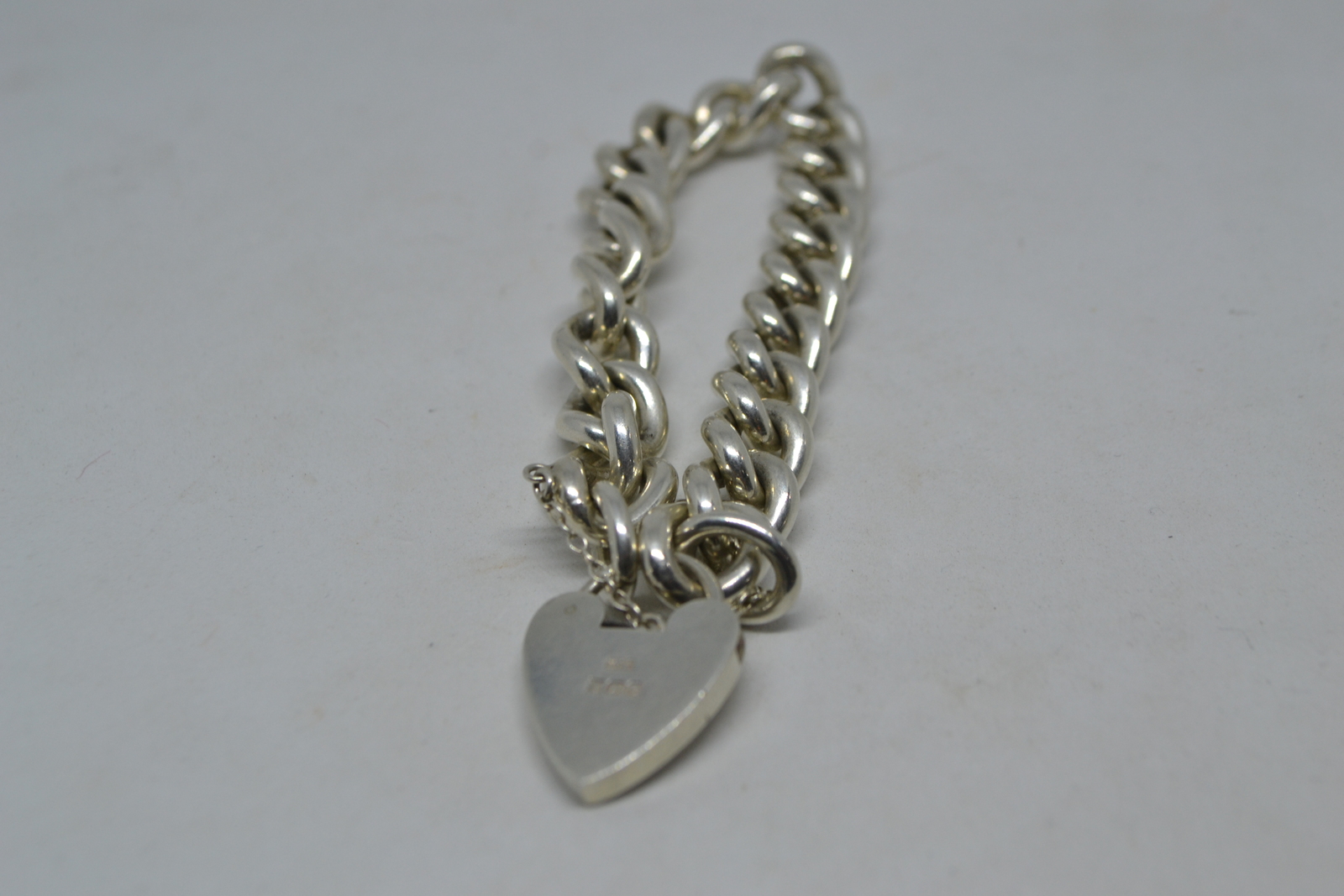 Solid Sterling Silver Curb Link Bracelet  With Heart PadLock And Safety Chain