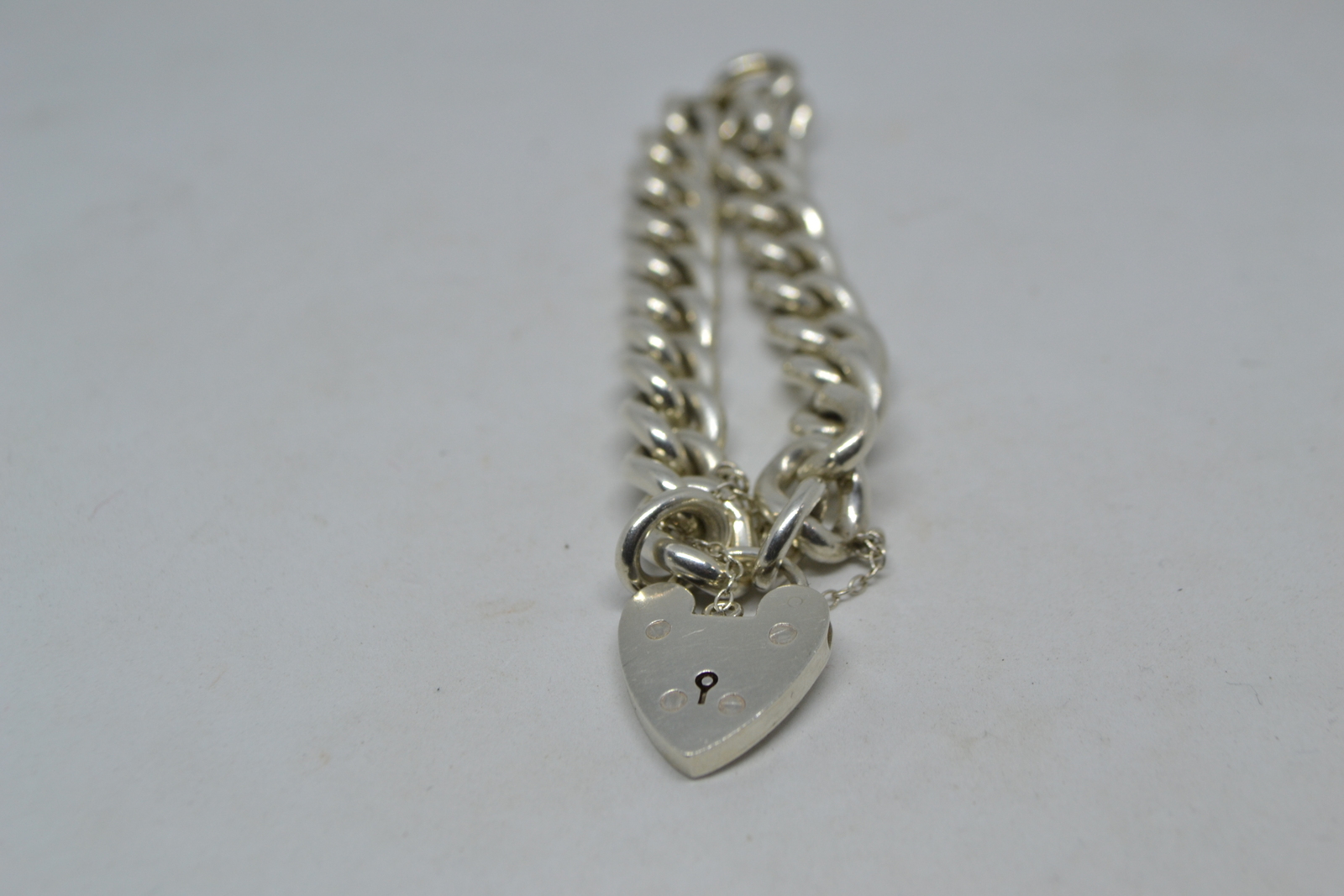 Solid Sterling Silver Curb Link Bracelet  With Heart PadLock And Safety Chain