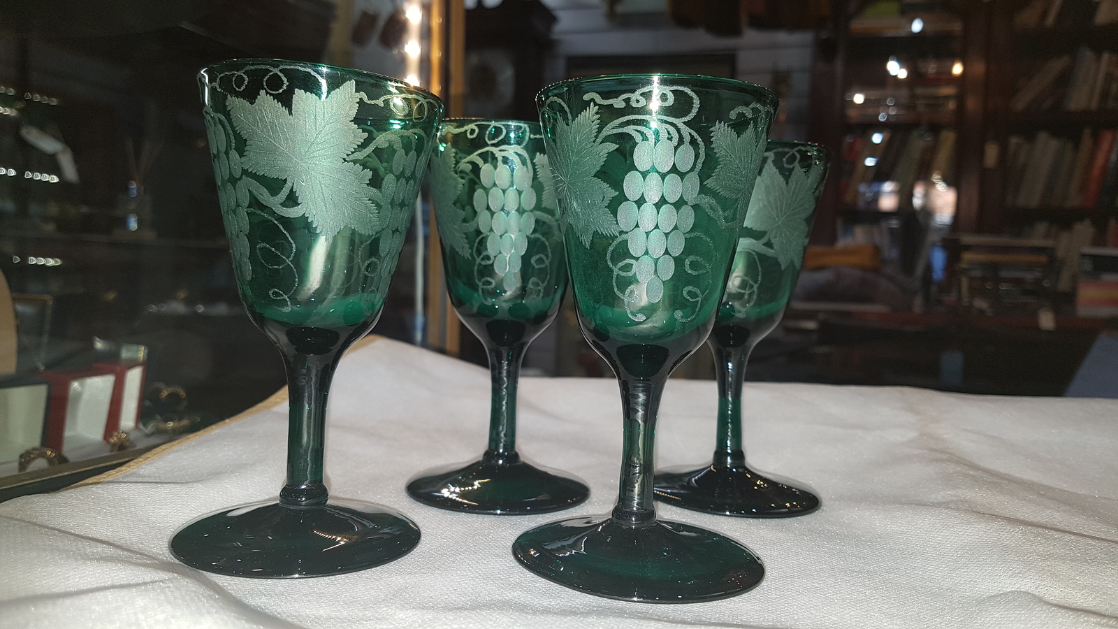 A Set Of Four 19th c. Bristol Green Etched Hand Blown Wine Glasses