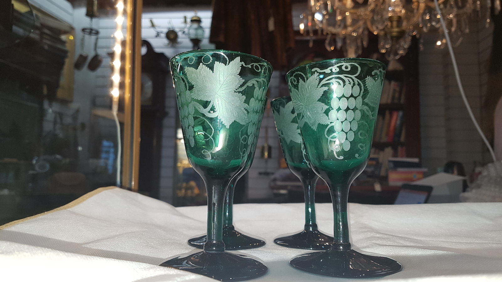 A Set Of Four 19th c. Bristol Green Etched Hand Blown Wine Glasses