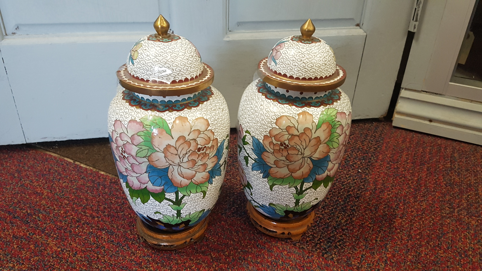 A Pair Of 20th Century Chinese Cloisonne Lidded Vases Decorated With Chrysanthemum