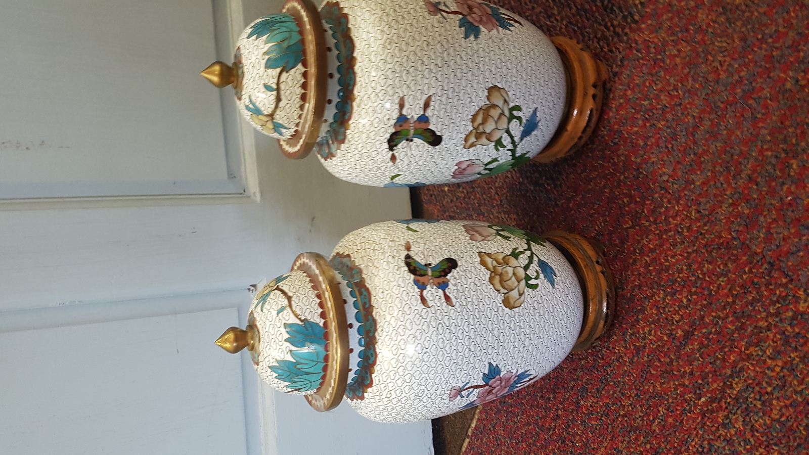 A Pair Of 20th Century Chinese Cloisonne Lidded Vases Decorated With Chrysanthemum