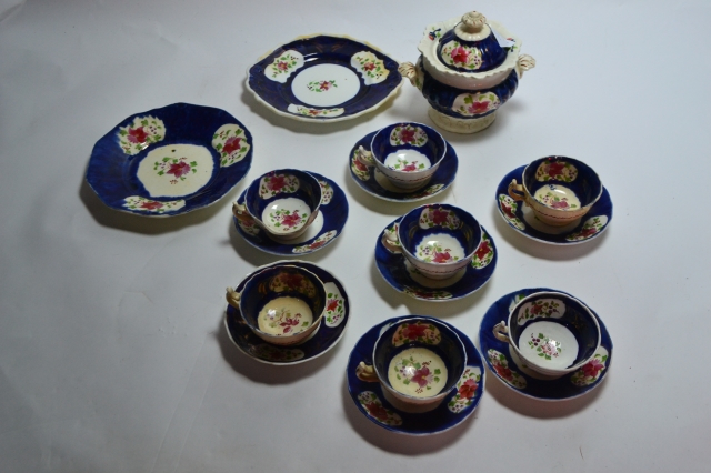 Welsh Gaudy Sugar Bowl with Cups and Saucers.
