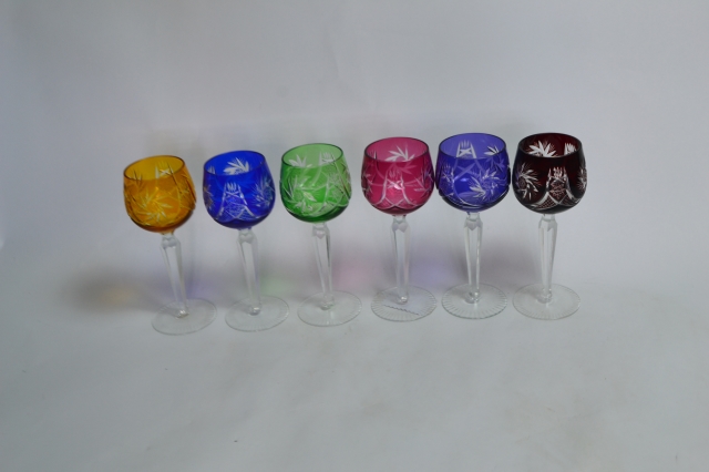 Six Bohemian Coloured Long Stem Wine Glasses.