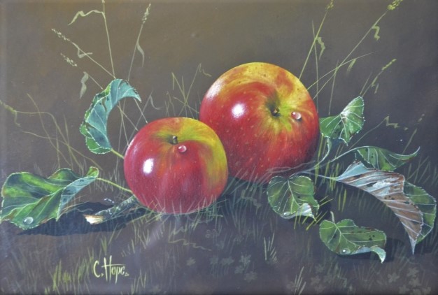Pair of Still Life Watercolours Displaying Pears and Apples by C Hope.