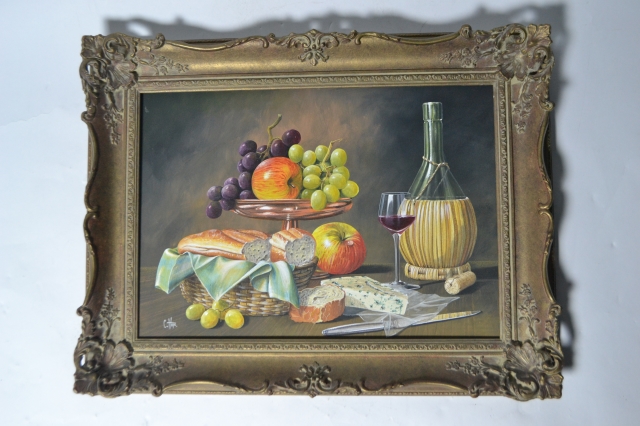 Still Life Oil on Board of Fruit, Bread, Carafe and knife